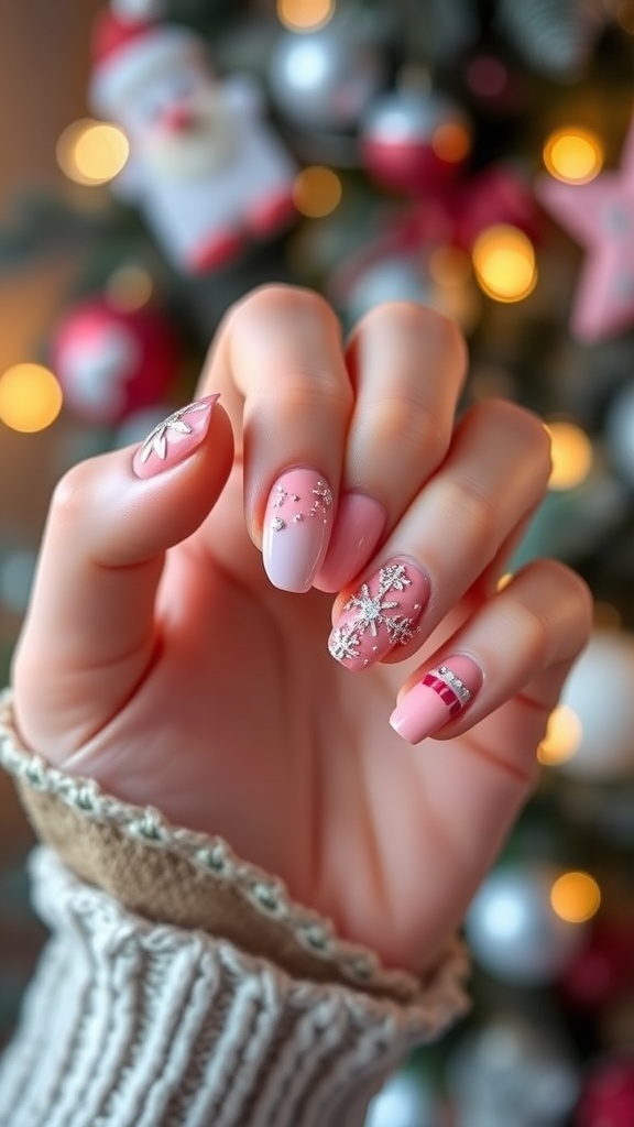 Korean pink Christmas nail art with snowflakes and glitter accents on a manicured hand.